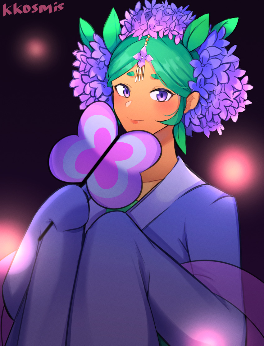 1girl, absurdres, closed_mouth, cookie_run, cookie_run:_ovenbreak, dark-skinned_female, dark_skin, flower