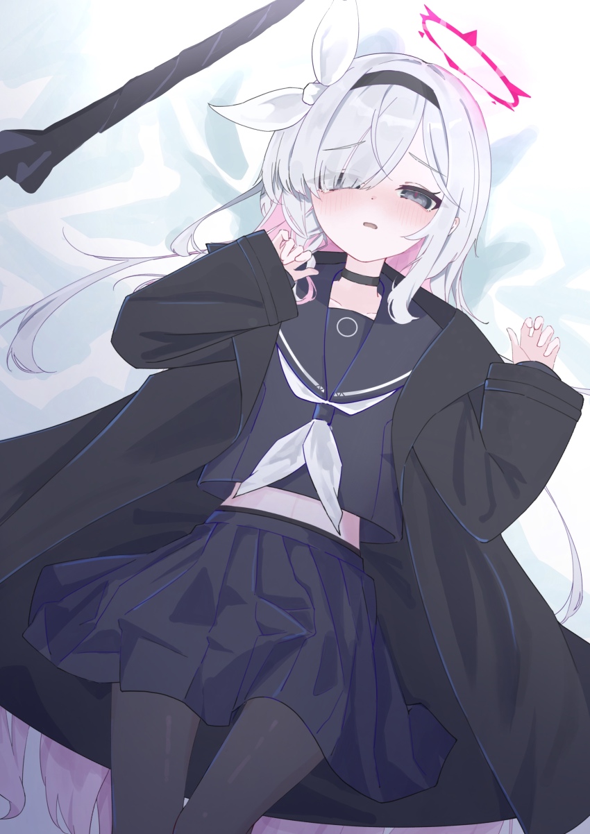 1girl, absurdres, black_choker, black_hairband, black_jacket, black_pantyhose, black_serafuku, black_skirt, blue_archive, blush, bow, choker, grey_eyes, grey_hair, hair_bow, hairband, halo, highres, jacket, looking_at_viewer, lying, neckerchief, nobu-k, on_back, open_mouth, pantyhose, plana_(blue_archive), red_halo, school_uniform, serafuku, skirt, solo, white_bow, white_neckerchief