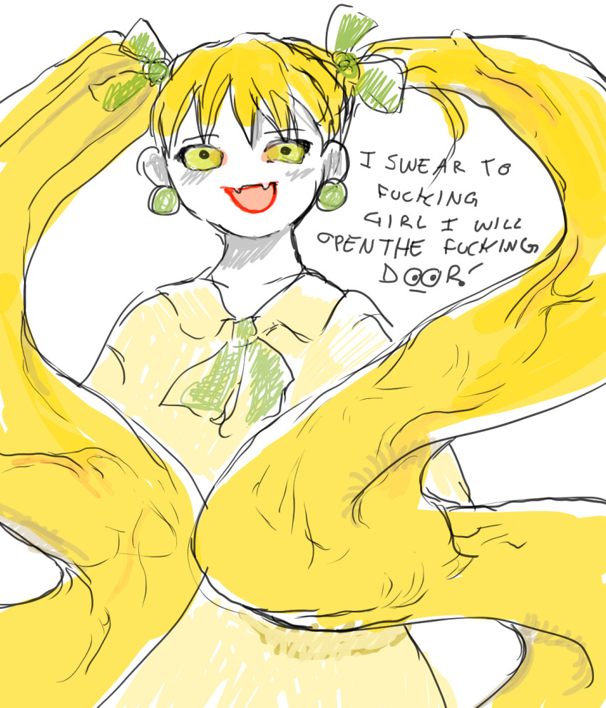 8eyes, bad_anatomy, bad_face, blonde_hair, colored_skin, earrings, english_text, fangs