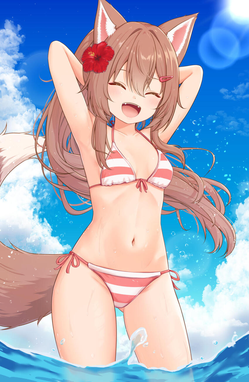 1girl, :d, ^_^, animal_ears, arms_behind_head, bikini, blue_sky, breasts