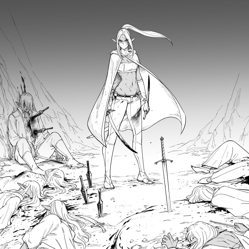 1girl, absurdres, after_battle, bb_(baalbuddy), blood, bloody_weapon, breasts, corpse, covered_mouth, cuts, dark-skinned_female, dark-skinned_male, dark_elf, dark_skin, death, dual_wielding, elf, groin, high_ponytail, highres, holding, injury, knife, kunai, long_hair, lowleg, lowleg_pants, mask, medium_breasts, midriff, mouth_mask, multiple_others, navel, ninja, original, pants, planted, planted_sword, planted_weapon, pointy_ears, ponytail, reverse_grip, short_sword, solo_focus, standing, strapless, sword, throwing_knife, torn_clothes, torn_pants, tube_top, weapon, zana_(dark_elf_stepsister)