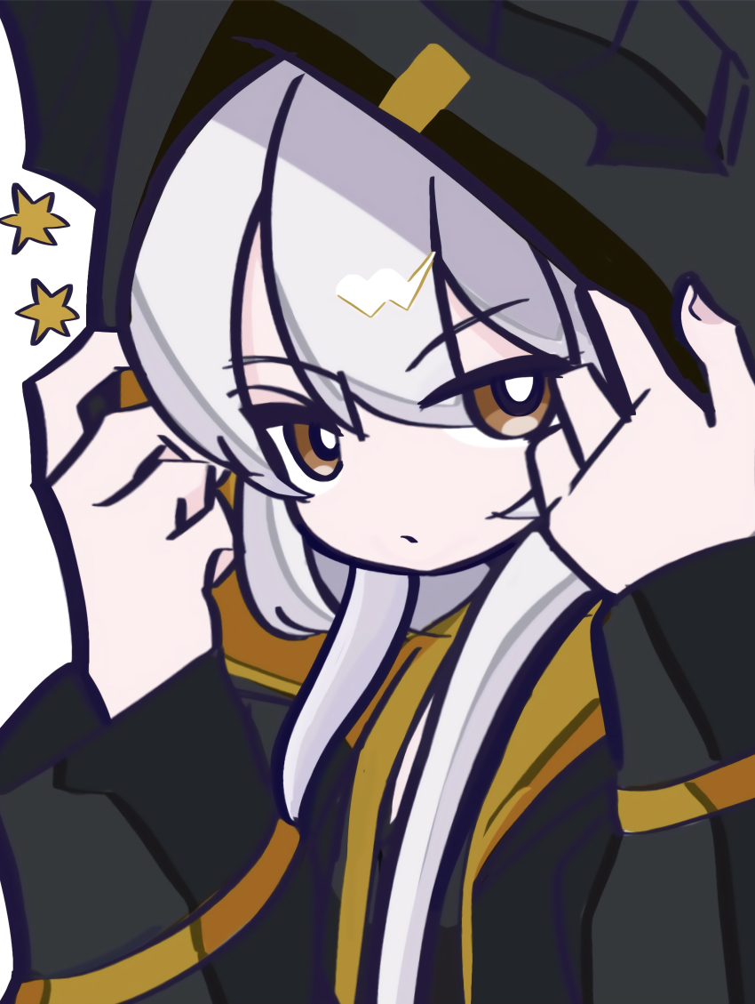 1girl, absurdres, black_hoodie, brown_eyes, grey_hair, highres, hood, hoodie