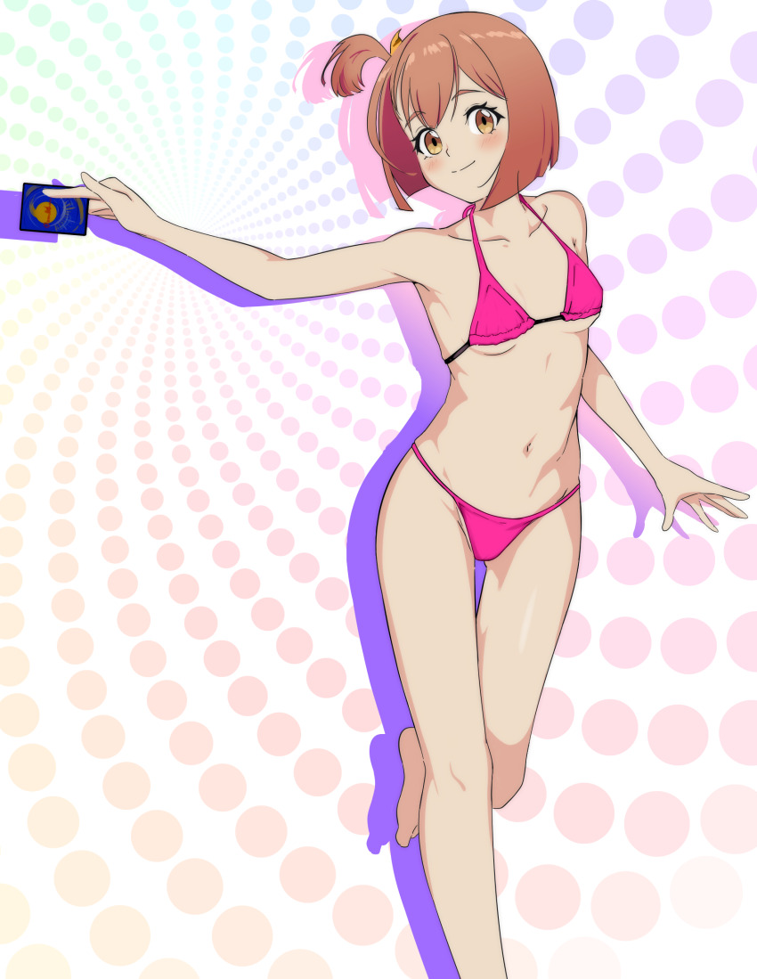 1girl, absurdres, bikini, bob_cut, breasts, brown_eyes, brown_hair, card, duel_masters, duel_masters_lost, feet_out_of_frame, highres, holding, katori_niika, one_side_up, pink_bikini, short_hair, small_breasts, solo, swimsuit, user_ekgc2882