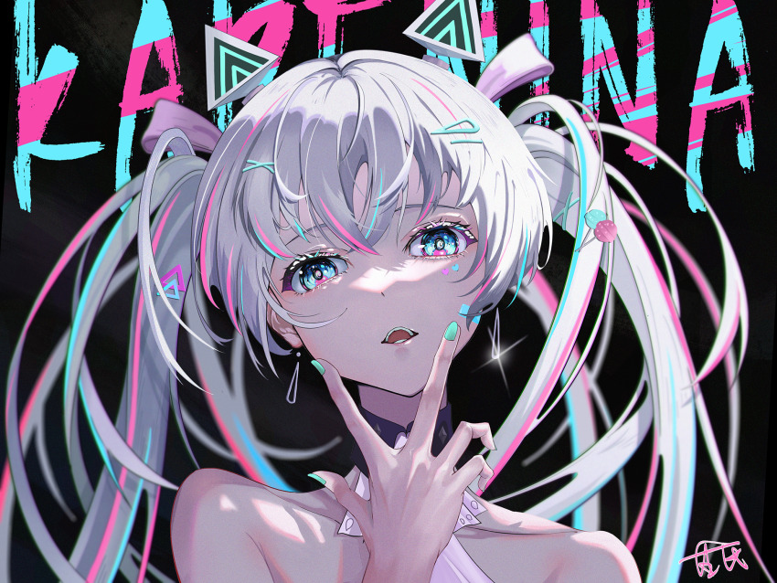 1girl, ascot, bare_shoulders, character_name, earrings, er_du_mian, floating_headgear, green_eyes