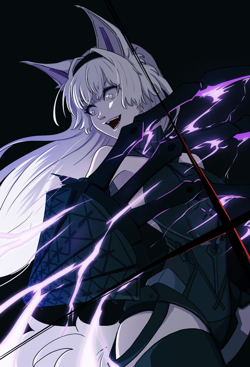 1girl, animal_ears, black_bodysuit, black_hairband, black_thighhighs, bodysuit, claws, crazy_smile