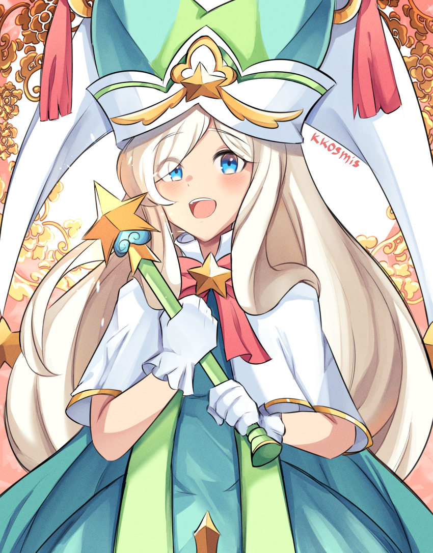 1girl, :d, absurdres, blonde_hair, blue_eyes, blush, bow, bowtie, capelet, cookie_run, cookie_run:_ovenbreak, cream_puff_cookie, cream_puff_cookie_(starpath_conjurer), dress, gloves, gold_trim, green_dress, green_hat, happy, hat, highres, holding, holding_wand, humanization, kosmis, long_hair, looking_at_viewer, official_alternate_costume, open_mouth, red_bow, red_bowtie, smile, solo, star_(symbol), upper_body, very_long_hair, wand, white_capelet, white_gloves