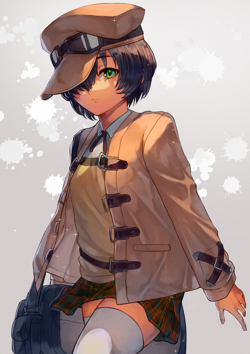 1girl, bag, black_hair, brown_hat, brown_jacket, brown_shirt, cowboy_shot, crook_mofus
