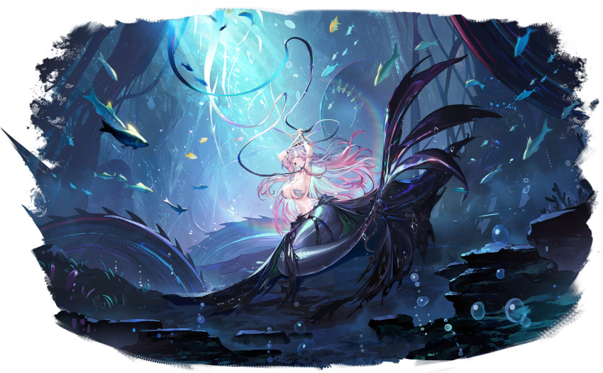 1girl, absurdres, air_bubble, animal, armpits, arms_up, azur_lane, bare_shoulders