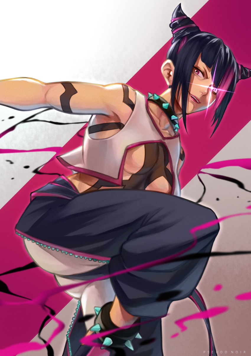 1girl, absurdres, anklet, asymmetrical_bangs, black_hair, black_pants, breasts, collar