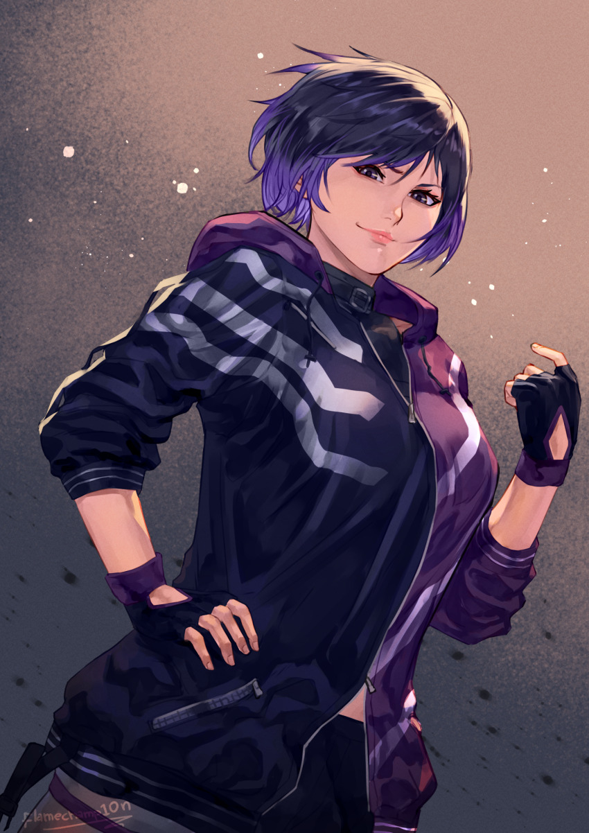 1girl, breasts, fingerless_gloves, flamechamp10n, gloves, hand_on_own_hip, highres, jacket