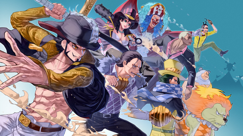 1girl, 6+boys, abs, alvida_(one_piece), beard, black_hair, blue_eyes, blue_hair