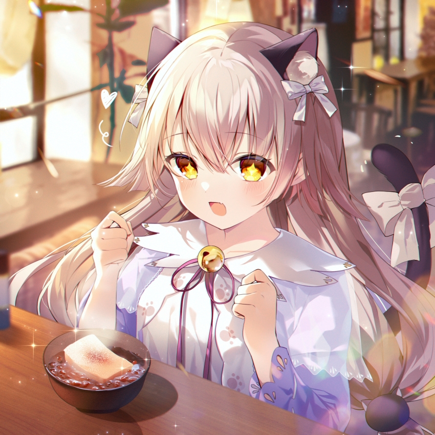 1girl, animal_ears, bow, cat_ears, cat_girl, cat_tail, cuream, fang