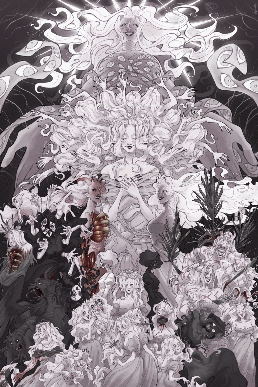 6+girls, angry, bleeding, blood, breasts, broken_mask, circusmantis, cleavage, dagger, evil_smile, extra_arms, extra_eyes, extra_faces, fangs, giant, giantess, glowing, glowing_eyes, head_tilt, highres, holding, holding_dagger, holding_knife, holding_weapon, hood, horns, knife, looking_at_viewer, mask, monochrome, monster_girl, multiple_girls, multiple_persona, muscular, muscular_female, princess_(slay_the_princess), scar, severed_head, sharp_teeth, skeletal_face, slay_the_princess, smile, spot_color, teeth, the_adversary_(slay_the_princess), the_apotheosis_(slay_the_princess), the_beast_(slay_the_princess), the_damsel_(slay_the_princess), the_den_(slay_the_princess), the_eye_of_the_needle_(slay_the_princess), the_fury_(slay_the_princess), the_grey_(slay_the_princess), the_moment_of_clarity_(slay_the_princess), the_nightmare_(slay_the_princess), the_prisoner_(slay_the_princess), the_razor_(slay_the_princess), the_shifting_mound_(slay_the_princess), the_spectre_(slay_the_princess), the_stranger_(slay_the_princess), the_thorn_(slay_the_princess), the_tower_(slay_the_princess), the_wild_(slay_the_princess), the_witch_(slay_the_princess), the_wraith_(slay_the_princess), tiara, weapon, wide_mouth, wings