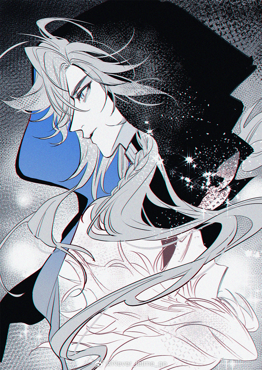 1boy, blue_eyes, braid, character_request, closed_mouth, copyright_request, expressionless, greyscale