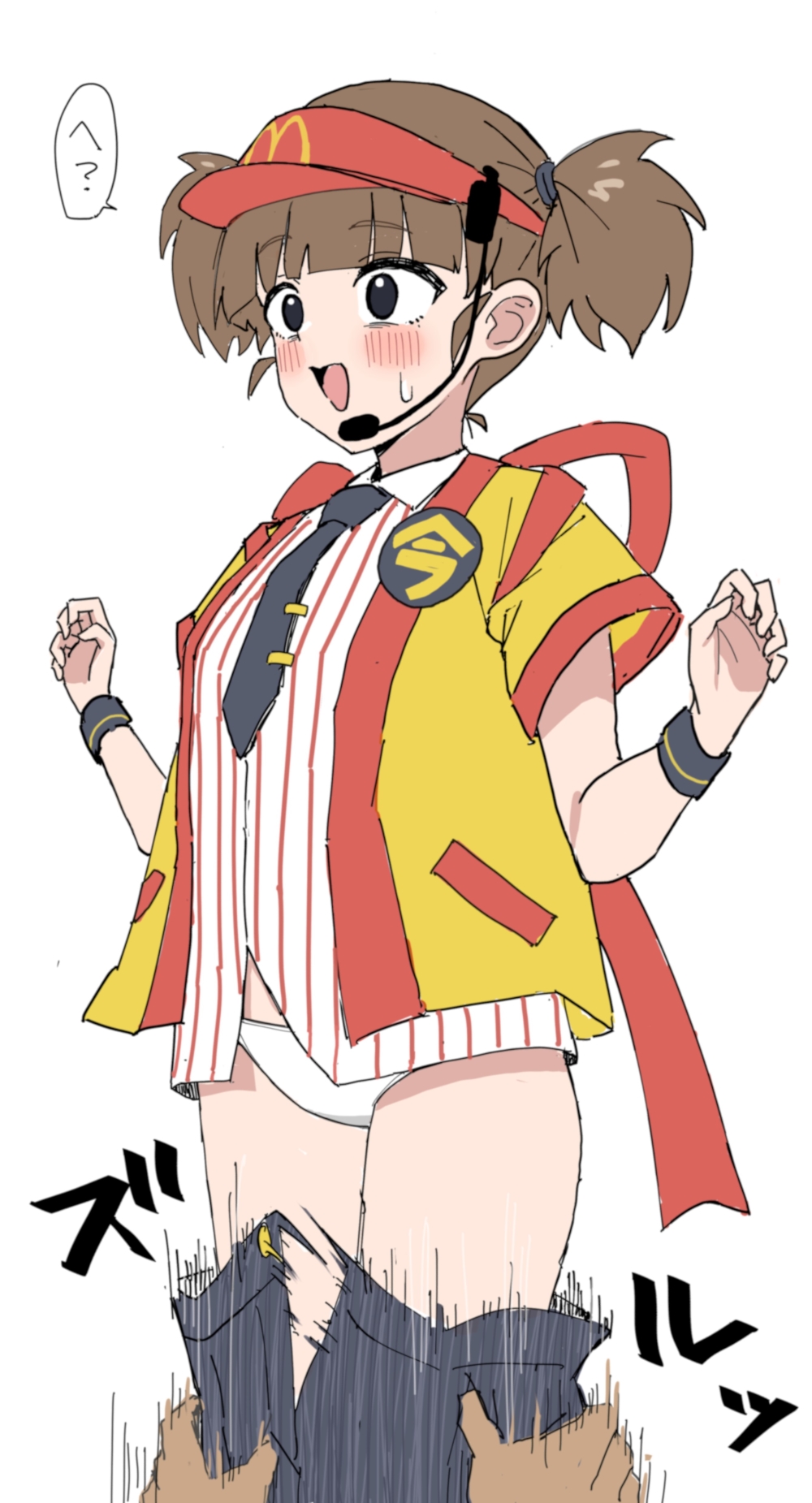 1girl, assisted_exposure, black_eyes, blush, brown_hair, imadake_dabuchi_tabemi, headset, high_re, highres, mcdonald's, necktie, panties, pantsing, simple_background, sweat, twintails, underwear, visor_cap, white_background, white_panties