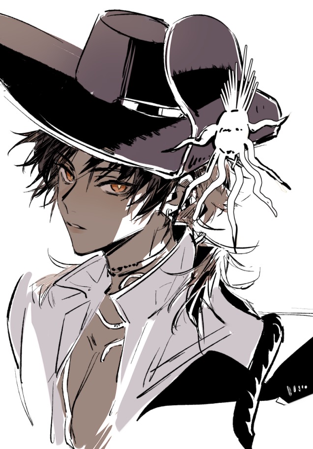 1boy, arknights, black_hair, earrings, hat, jewelry, looking_at_viewer, low_ponytail