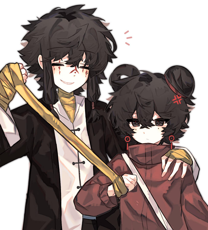 1boy, 1girl, anger_vein, bandaged_hand, bandaged_neck, bandages, black_eyes, black_hair