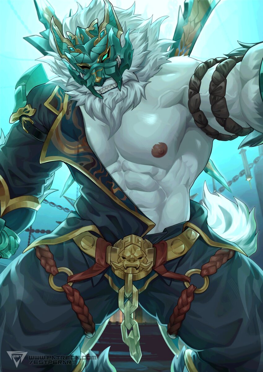 1boy, abs, artist_logo, bara, clenched_teeth, commentary, english_commentary, estper