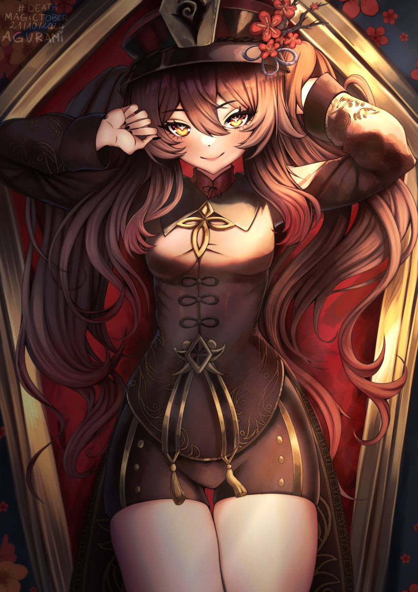 1girl, absurdres, agurami, artist_name, black_nails, blush, breasts, brown_hair