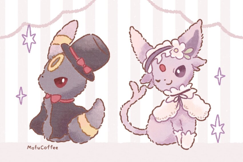 artist_name, bow, bright_pupils, cape, closed_mouth, espeon, flower, forked_tail