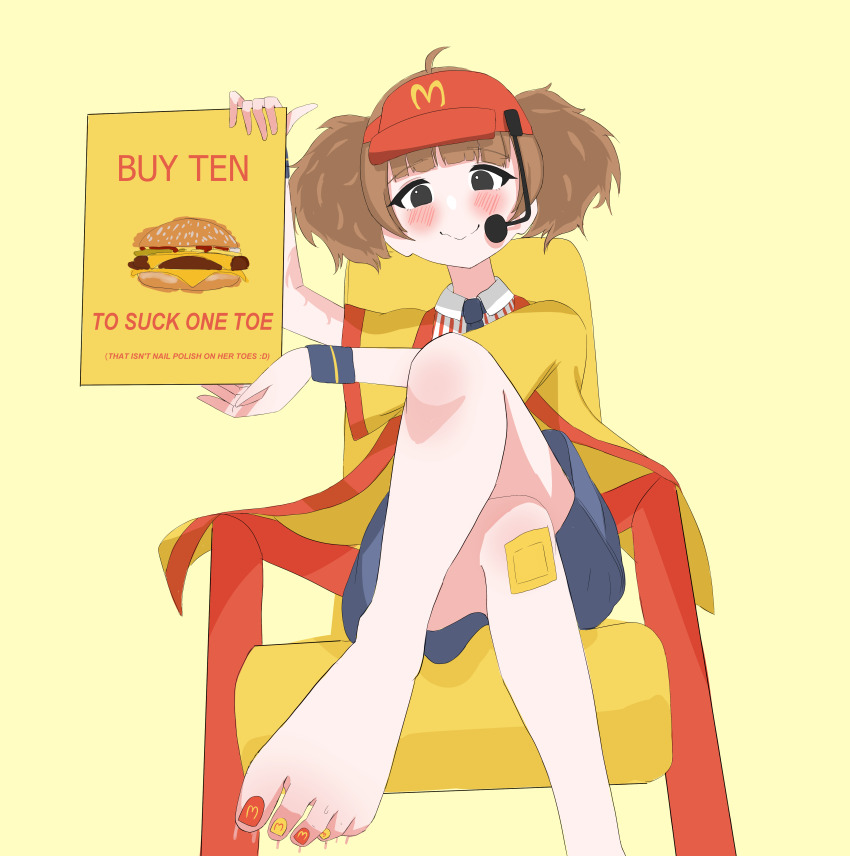 absurdres, barefoot, black_eyes, blush, brown_hair, highres, imadake_dabuchi_tabemi, immortalboobs, loli, mcdonald's, nail_polish, presenting_foot, shirt, shy, sweat, sweatdrop, toenails, toes, yellow_background, yellow_shirt