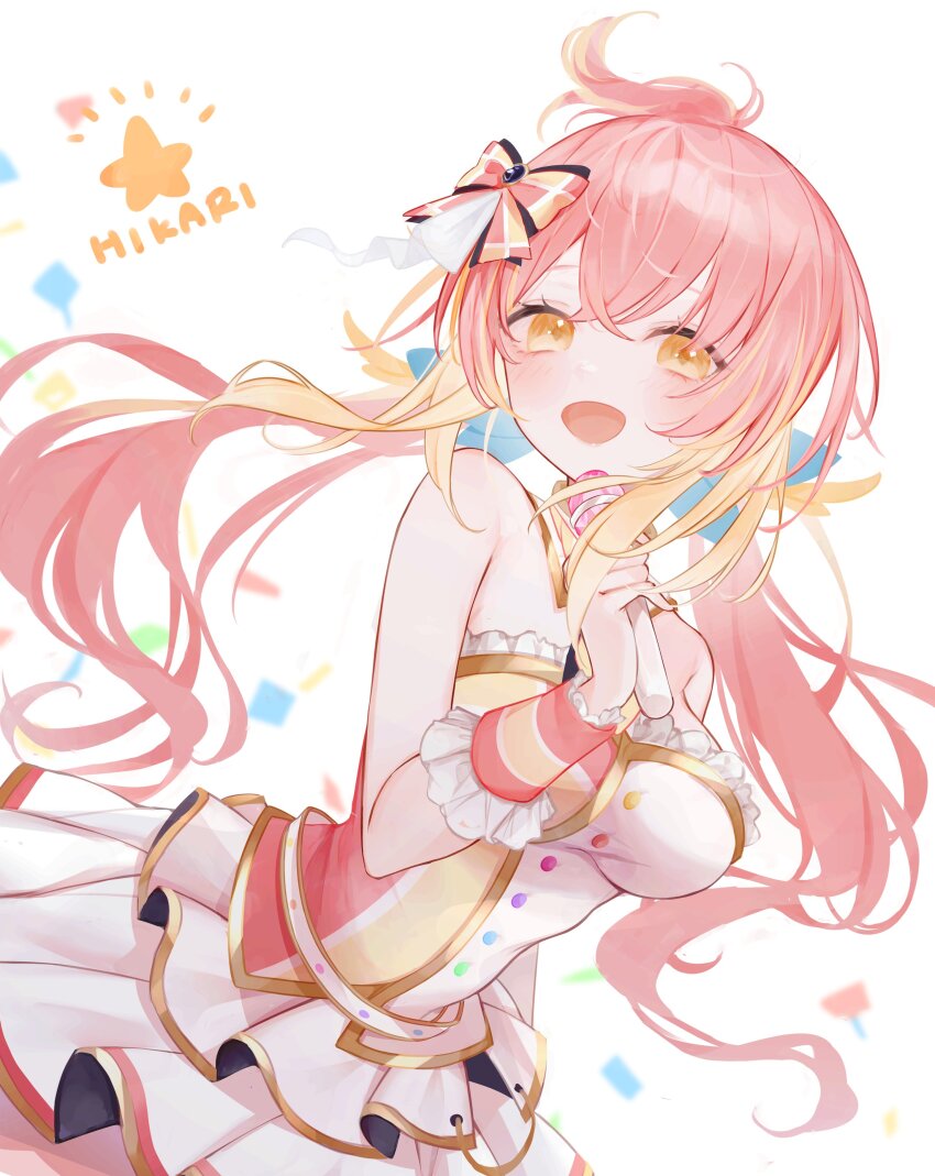 1girl, absurdres, ahoge, animare_stage_costume, blonde_hair, blush, bow, breasts