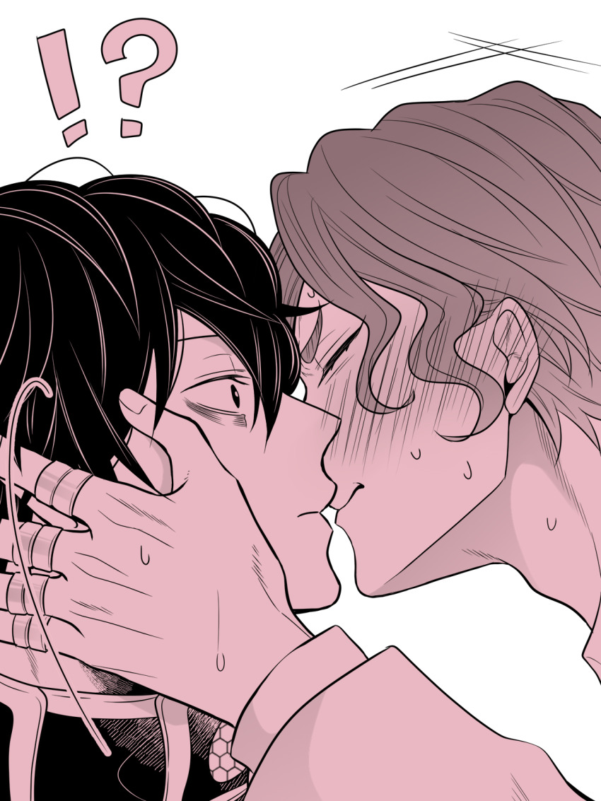 !?, 2boys, imminent_kiss, beelzebub_(shuumatsu_no_valkyrie), blush, curly_hair, embarrassed, greyscale