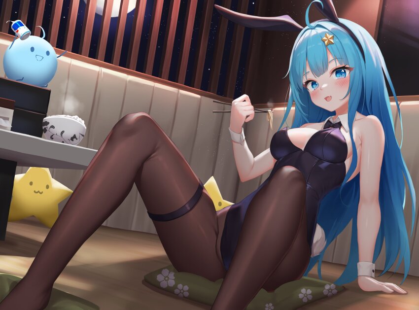 1girl, :3, :d, ahoge, animal_ear_hairband, animal_ears, arm_support, armpit_crease, bare_shoulders, blue_eyes, blue_hair, blunt_ends, blush, bow, bowl, bowtie, breasts, brown_pantyhose, center-flap_bangs, chinese_commentary, chopsticks, commentary_request, cushion, detached_collar, double-parted_bangs, eyelashes, fake_animal_ears, fake_tail, fang, feet_out_of_frame, food, hair_intakes, hair_ornament, hairband, hand_on_floor, hand_up, highleg, highleg_leotard, highres, holding, holding_chopsticks, holding_food, holding_with_chopsticks, indoors, knees_up, leaning_back, leotard, light_particles, long_hair, looking_at_viewer, looking_to_the_side, medium_breasts, moon, night, noodles, on_cushion, open_mouth, original, pantyhose, playboy_bunny, purple_bow, purple_bowtie, purple_leotard, rabbit_ears, rabbit_tail, rice, rice_bowl, shadow, sideways_glance, sitting, skin_fang, sky, smile, solo, spread_legs, star_(sky), star_(symbol), star_hair_ornament, starry_sky, steam, strapless, strapless_leotard, stuffed_star, stuffed_toy, table, tail, thigh_strap, thighs, tissue, tissue_box, variant_set, white_clover_(unfy8472), white_wrist_cuffs, wrist_cuffs