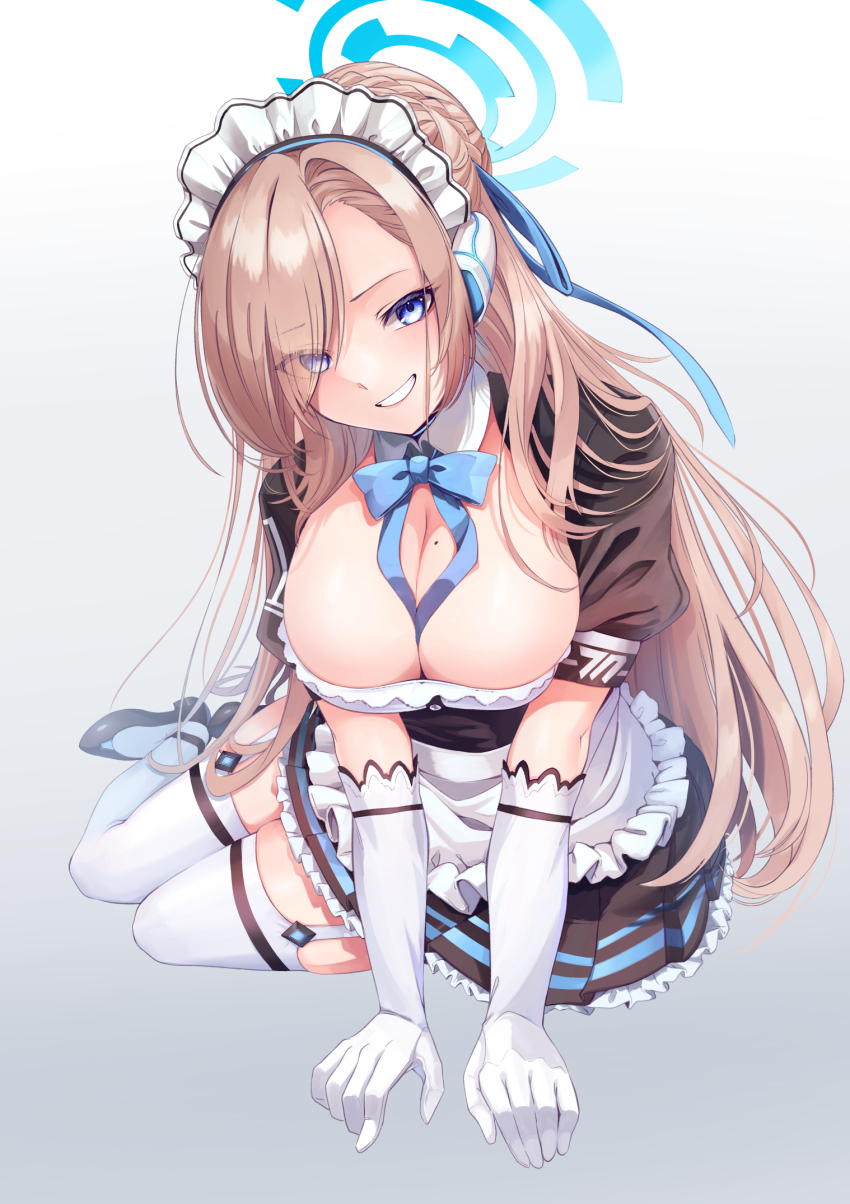 1girl, apron, asuna_(blue_archive), blonde_hair, blue_archive, blue_eyes, breasts, frills, garter_straps, gloves, halo, highres, large_breasts, long_hair, maid_apron, maid_headdress, mikapa, mole, mole_on_breast, ribbon, skindentation, solo, thighhighs, very_long_hair