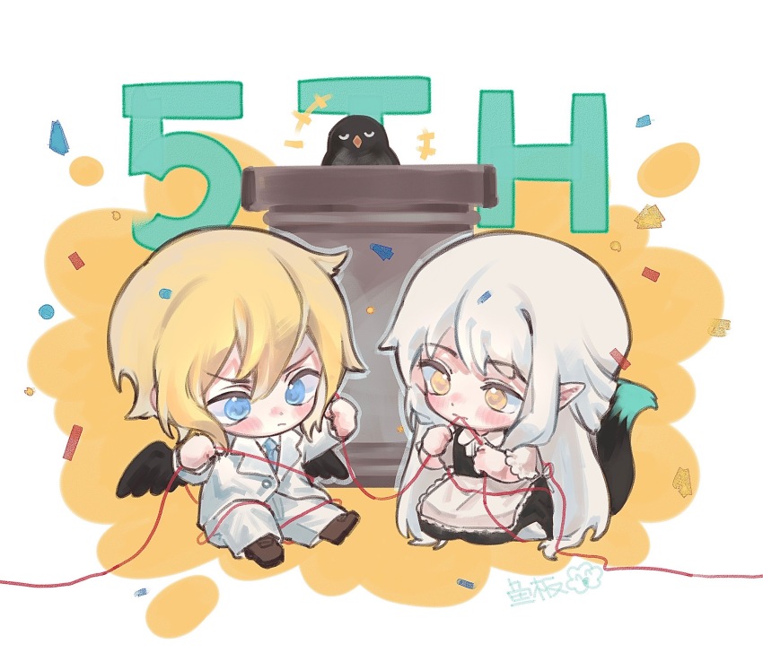 +++, 2boys, aoi_(cariiiie), bird, black_dress, black_wings, blonde_hair, blue_eyes