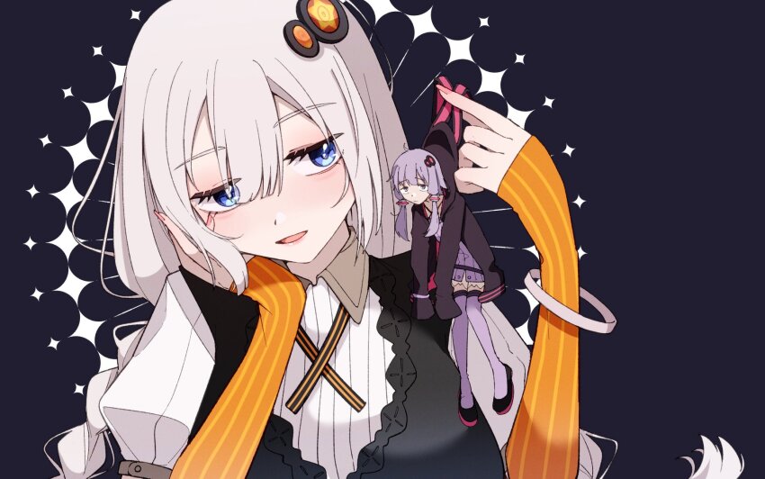 2girls, animal_hood, black_background, black_hoodie, blue_eyes, braid, closed_mouth, clothes_grab, commentary_request, cross_tie, dress, elbow_gloves, fingerless_gloves, frown, futaba_mei, gloves, hair_ornament, half-closed_eyes, hand_on_own_cheek, hand_on_own_face, head_rest, highres, holding, holding_mini_person, hood, hood_down, hoodie, kizuna_akari, long_hair, looking_at_another, low_twin_braids, mini_person, minigirl, multiple_girls, open_mouth, orange_gloves, pinafore_dress, purple_dress, purple_eyes, purple_hair, purple_thighhighs, rabbit_hood, shirt, shoes, short_dress, short_hair_with_long_locks, simple_background, size_difference, sleeveless, sleeveless_dress, sleeves_past_fingers, sleeves_past_wrists, smile, thighhighs, twin_braids, upper_body, vocaloid, voiceroid, white_hair, white_shirt, yuzuki_yukari