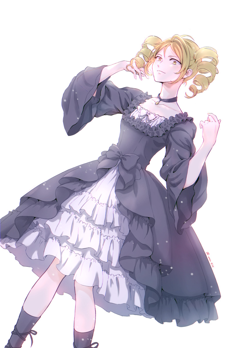 1girl, absurdres, artist_name, black_bow, black_choker, black_dress, black_socks, blonde_hair, bow, choker, closed_mouth, commentary_request, crossdressing, crossdressing_(ftm), dress, drill_hair, dutch_angle, feet_out_of_frame, frilled_dress, frills, genderswap, genderswap_(mtf), given, highres, kashima_hiiragi_(given), light_particles, long_sleeves, medium_hair, pendant_choker, short_hair, simple_background, socks, solo, twitter_username, umi8315, white_background, white_bow, yellow_eyes