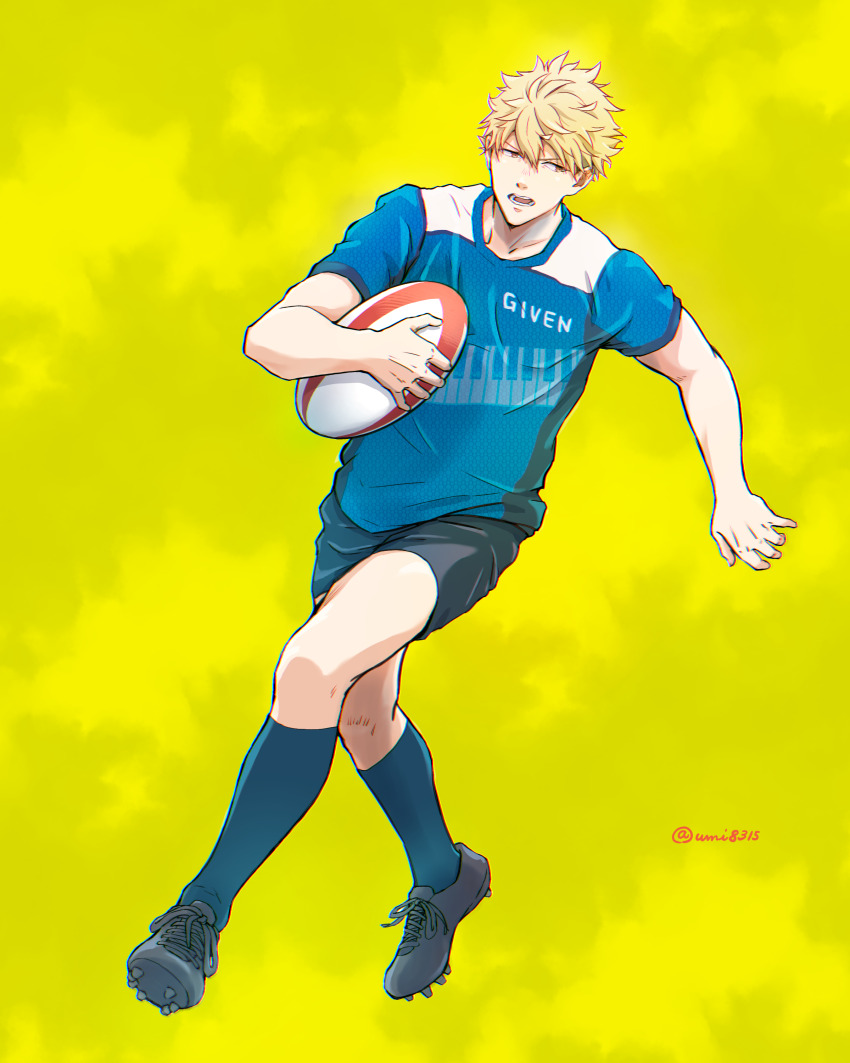 1boy, absurdres, artist_name, ball, black_footwear, black_shorts, blonde_hair, blue_shirt