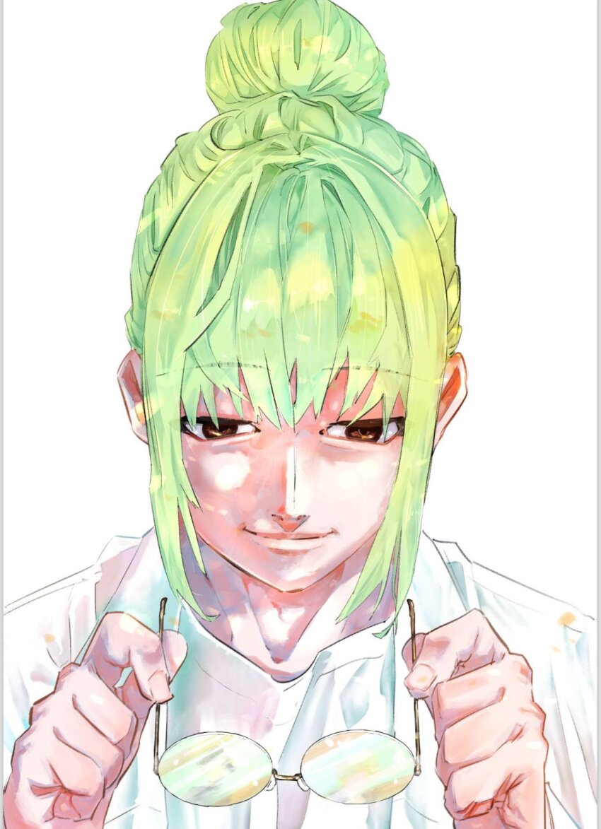 1boy, brown_eyes, closed_mouth, coat, doctor_coat, glass, green_hair, hands_up