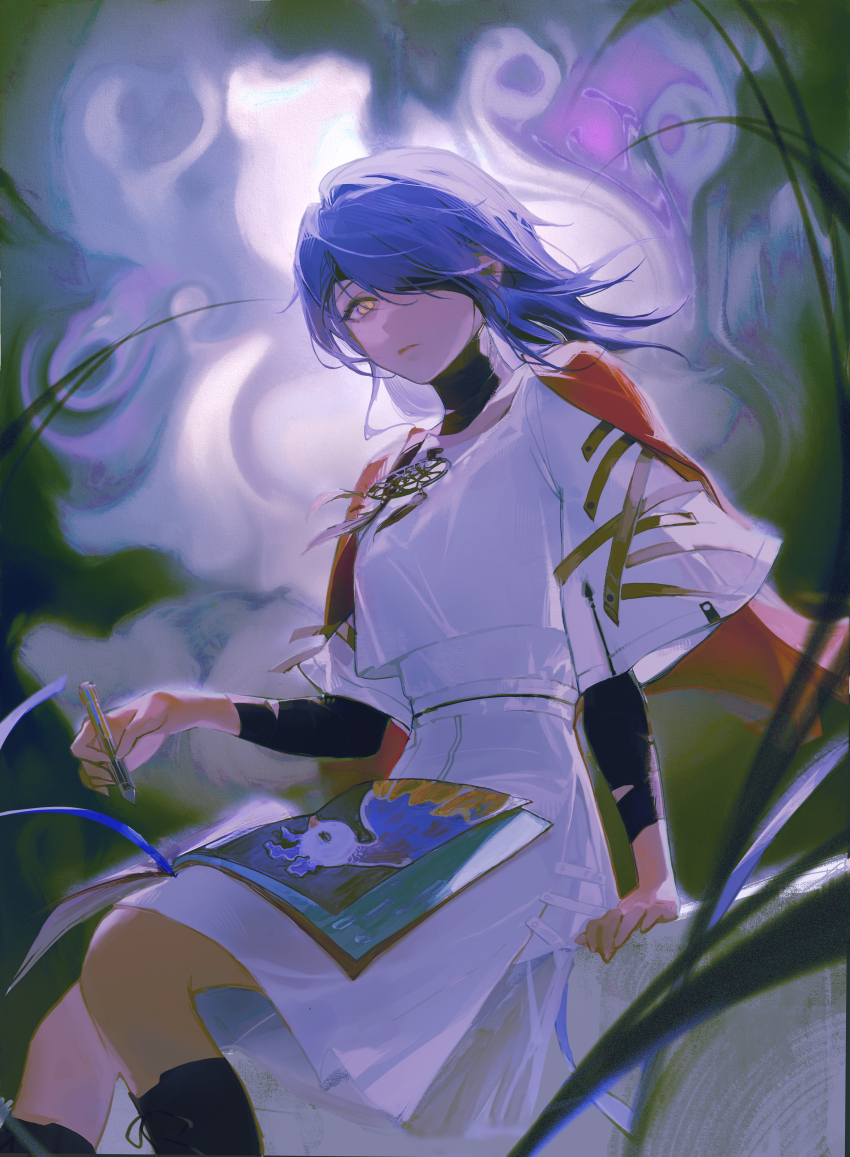 1girl, abstract_background, absurdres, arm_wrap, black_boots, blindfold, blue_hair, book