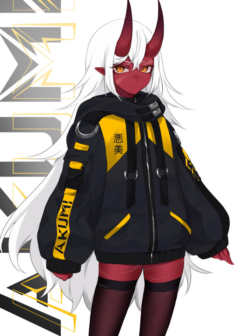 1girl, absurdres, akumi_(yoclesh), black_jacket, black_thighhighs, character_name, closed_mouth, colored_skin