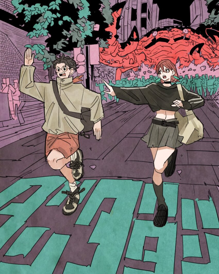 1boy, 1girl, alternate_costume, ayase_momo, bag, belt, black_choker, black_footwear