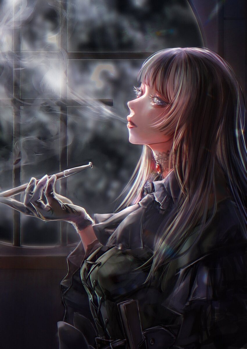 1girl, black_gloves, blue_eyes, breasts, gloves, greentea_n_chocolate, highres, holding, holding_smoking_pipe, hololive, hololive_dev_is, juufuutei_raden, juufuutei_raden_(1st_costume), kiseru, long_hair, looking_at_viewer, looking_to_the_side, multicolored_hair, smoke, smoking_pipe, solo, virtual_youtuber