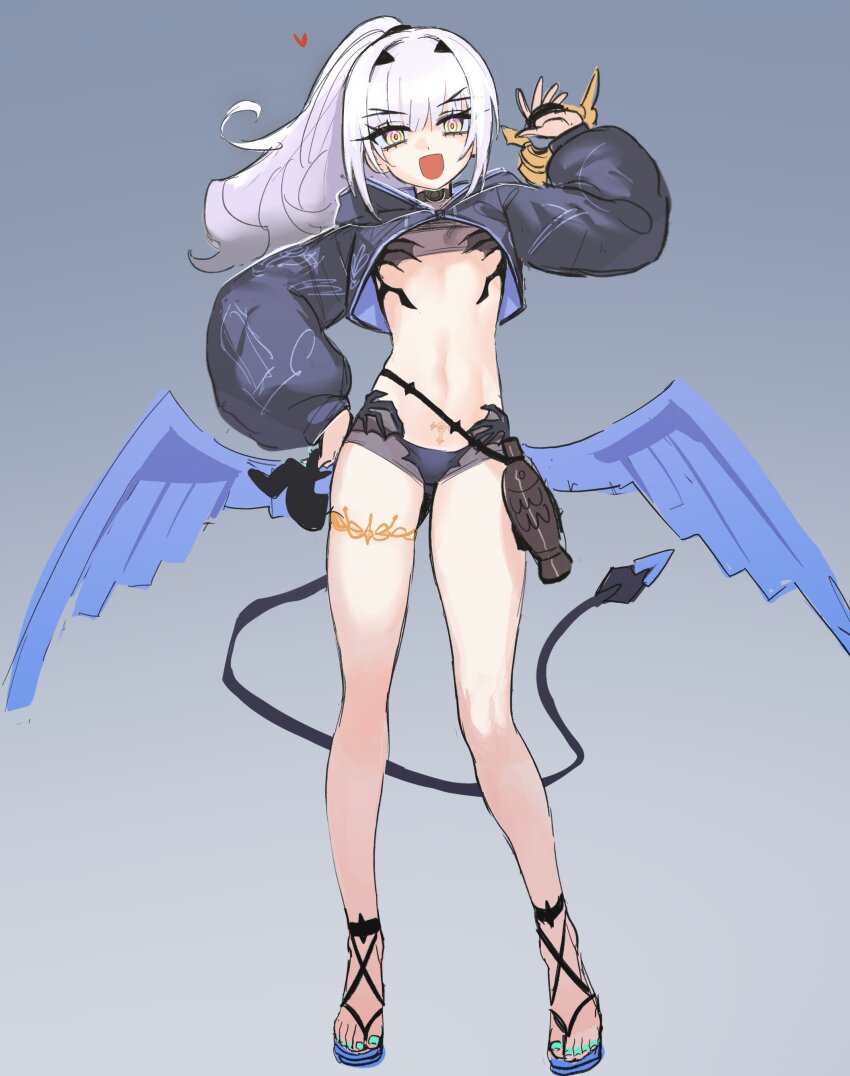 1girl, absurdres, bikini, bikini_bottom_only, black_bikini, black_shrug, blue_nails, canteen, carrying_over_shoulder, commentary_request, demon_tail, fate/grand_order, fate_(series), flat_chest, floating_hair, forked_eyebrows, full_body, grey_background, hand_up, highres, holding, hood, hood_down, hooded_shrug, long_hair, long_sleeves, looking_at_viewer, low_wings, melusine_(fate), melusine_(swimsuit_ruler)_(fate), melusine_(swimsuit_ruler)_(first_ascension)_(fate), open_mouth, pasties, ponytail, puffy_long_sleeves, puffy_sleeves, revealing_clothes, sandals, shrug_(clothing), simple_background, smile, solo, standing, stomach, swimsuit, tail, takustorage, thigh_strap, white_hair, wings, yellow_eyes