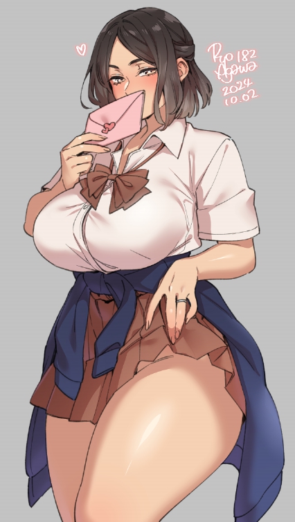 1girl, agawa_ryou, artist_name, blue_sweater, blush, bow, bowtie, breasts, brown_skirt, buttons, clothes_around_waist, clothes_lift, collared_shirt, covered_mouth, covering_own_mouth, cowboy_shot, curvy, dated, envelope, grey_background, gyaru, hair_behind_ear, half_updo, heart, holding, holding_envelope, holding_letter, imminent_confession, jewelry, kogal, large_breasts, legs_together, letter, lifting_own_clothes, looking_at_viewer, loose_bowtie, love_letter, miniskirt, no_panties, original, parted_bangs, pleated_skirt, ring, school_uniform, shiny_skin, shirt, short_hair, sidelocks, signature, silver_jewelry, silver_ring, simple_background, skirt, skirt_lift, solo, standing, sweater, sweater_around_waist, thick_thighs, thighs, white_shirt, wide_hips, yellow_eyes