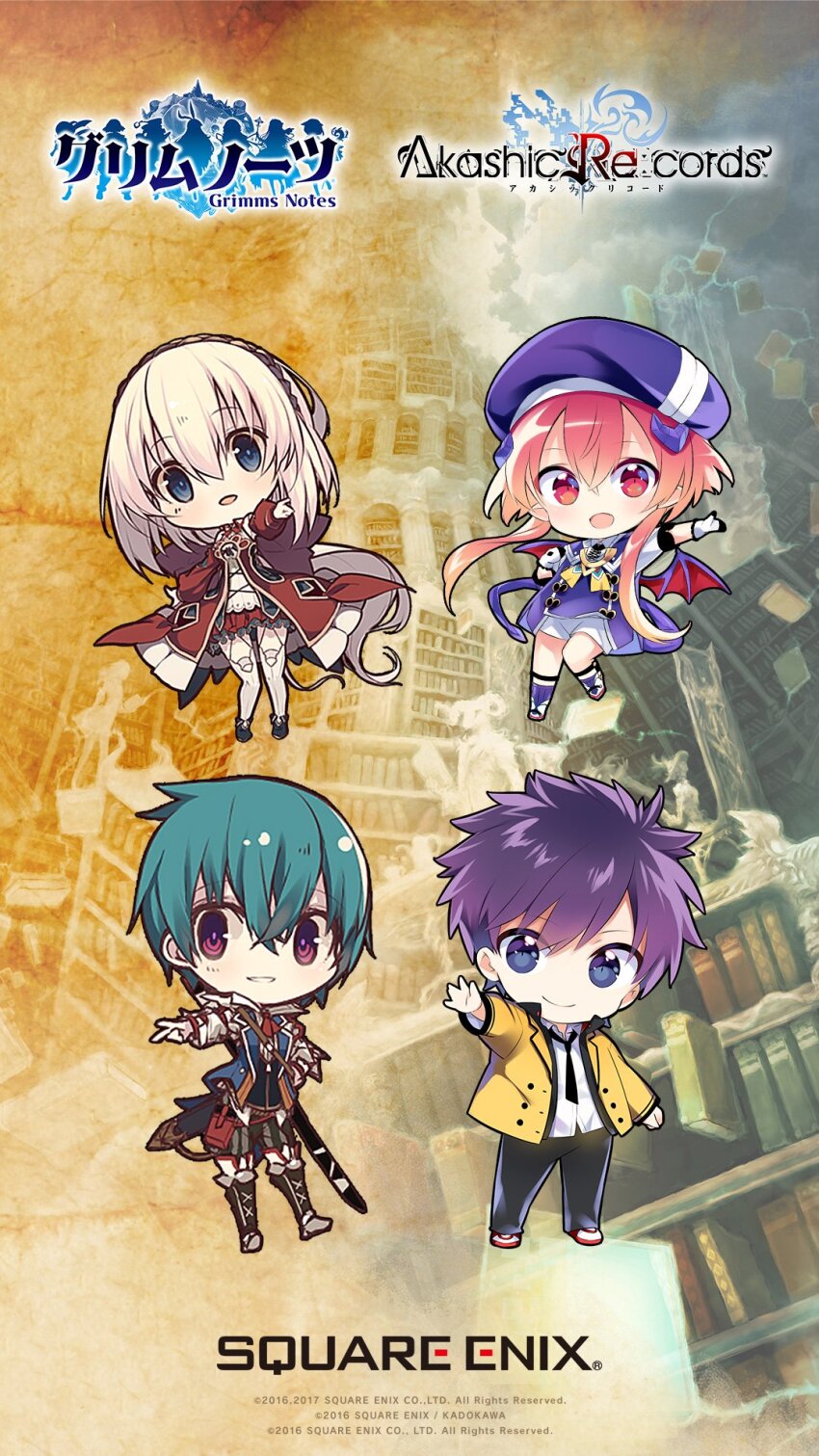 2boys, 2girls, akashic_re:cords, aqua_hair, artist_request, bat_wings, blonde_hair, blue_eyes