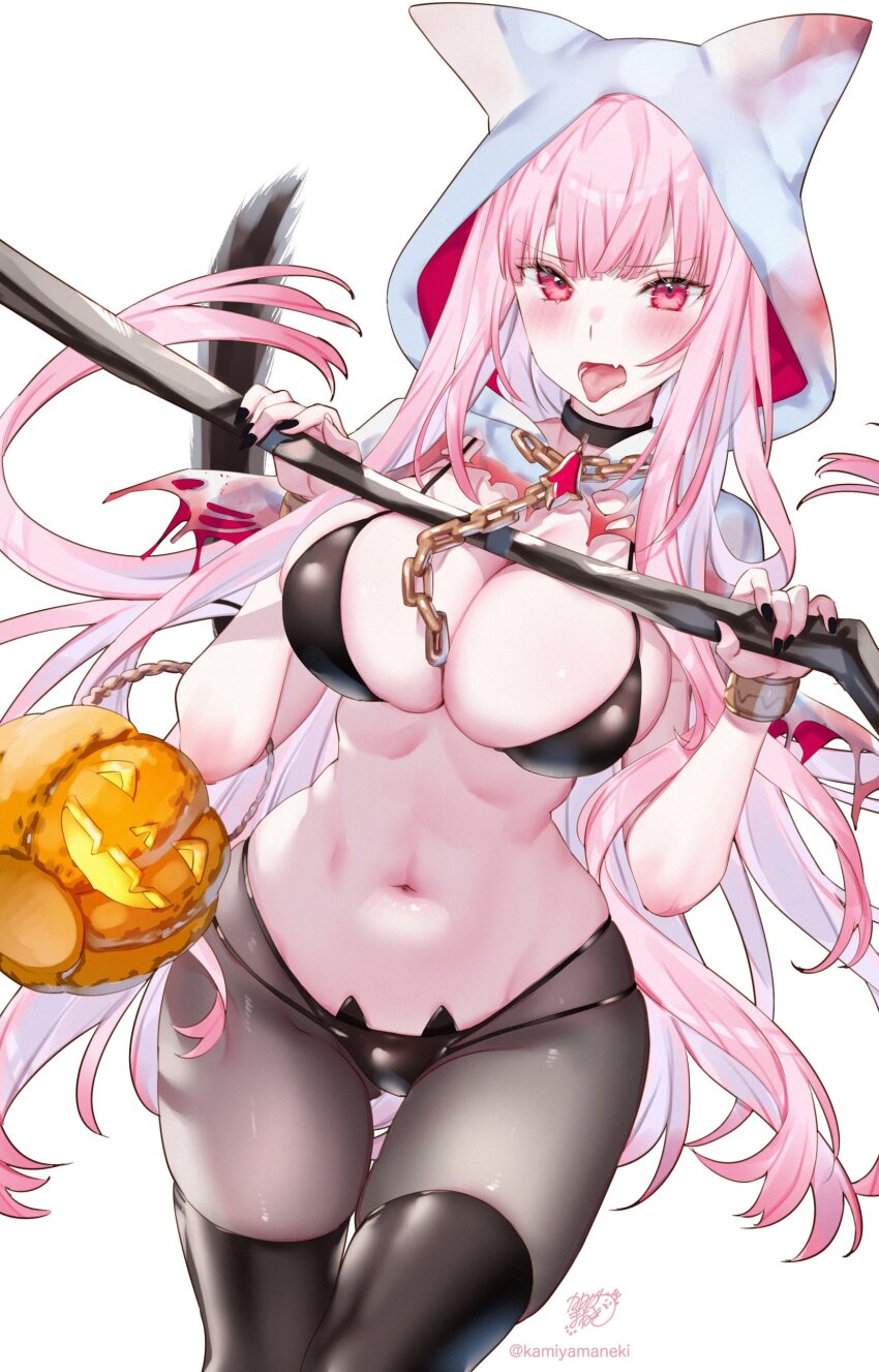 1girl, absurdres, animal_ears, bikini, black_bikini, black_collar, black_nails, black_pantyhose, black_thighhighs, blush, breasts, chain, chain_leash, collar, commentary, english_commentary, fang, fingernails, halloween_bucket, highres, holding, hololive, hololive_english, hood, hoodie, kamiya_maneki, large_breasts, leash, long_hair, looking_at_viewer, mori_calliope, nail_polish, navel, open_mouth, pantyhose, pantyhose_under_swimsuit, pink_eyes, pink_hair, shiny_skin, signature, simple_background, skin_fang, solo, stomach, swimsuit, tail, teeth, thighhighs, thighhighs_over_pantyhose, tongue, tongue_out, torn_clothes, torn_hood, twitter_username, virtual_youtuber, white_background, white_hood, white_hoodie, wolf_ears, wolf_tail