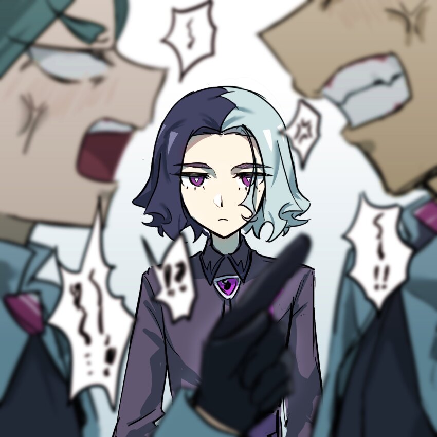 1girl, 2boys, amethio_(pokemon), anger_vein, arguing, black_gloves, blank_eyes, blurry