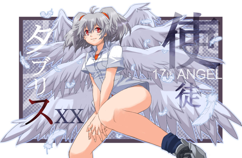 1girl, angel, blush, breasts, feathers, female_focus, gender_request, genderswap, grey_hair, legs, mirai_(mirai8), multiple_wings, nagisa_kaworu, neon_genesis_evangelion, red_eyes, seraph, shirt, shoes, smile, socks, solo, tabris-xx, twintails, wings