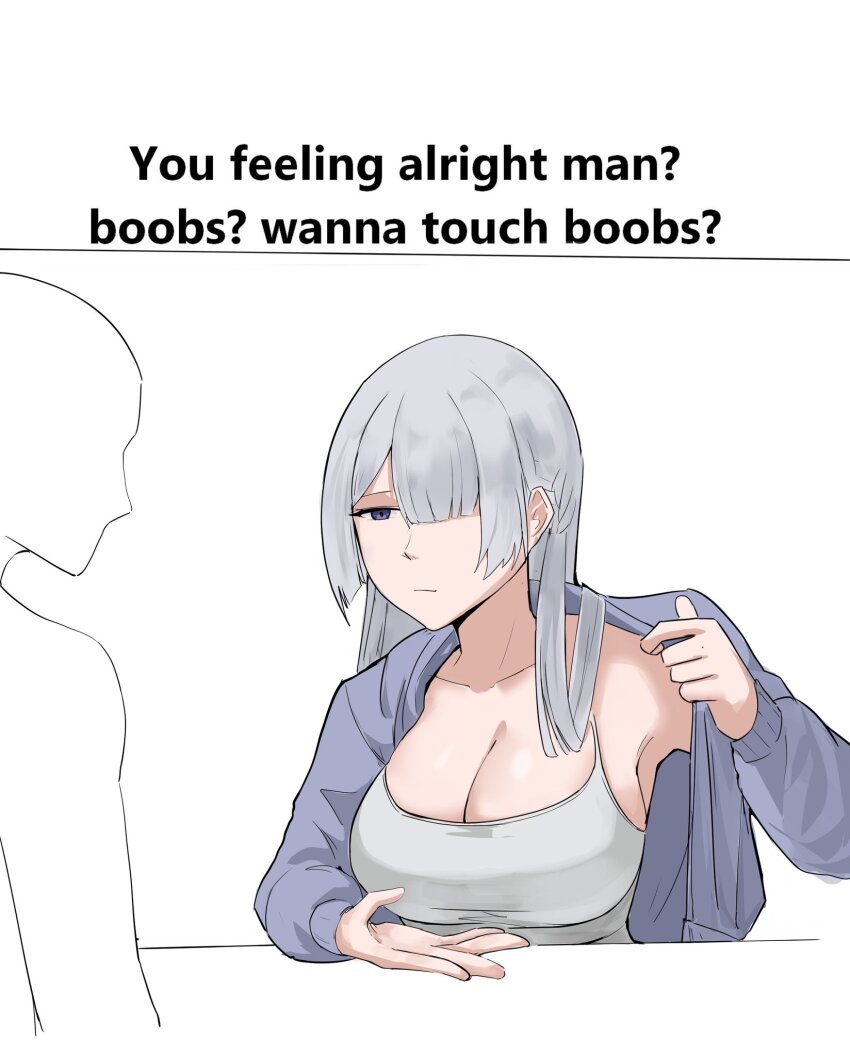 1boy, 1girl, ak-15_(girls'_frontline), alternate_costume, breasts, chika_232, cleavage, collarbone, daijoubu?_oppai_momu?_(meme), english_text, girls'_frontline, grey_hair, grey_jacket, grey_tank_top, hair_over_one_eye, highres, jacket, large_breasts, long_hair, meme, presenting_breasts, purple_eyes, silhouette, simple_background, solo_focus, tank_top, upper_body, white_background