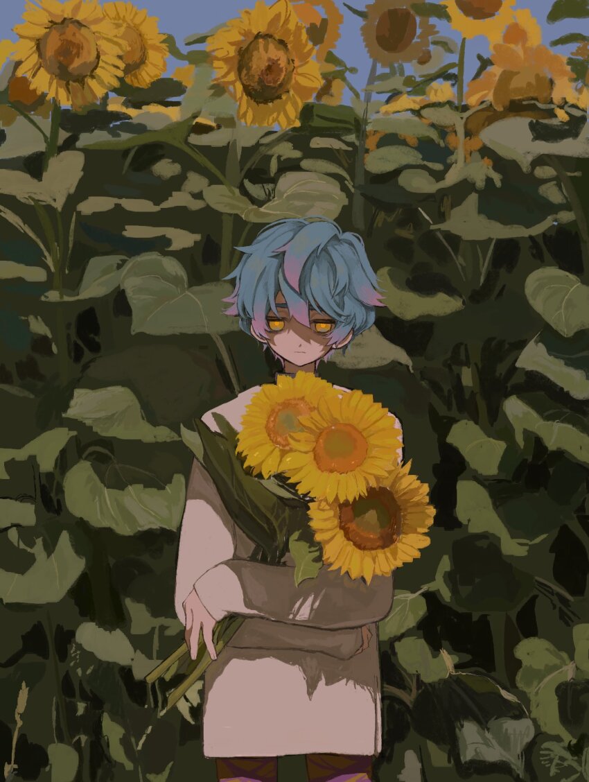 1boy, blue_hair, brown_eyes, charisma_house, flower, griffon0416, highres, holding