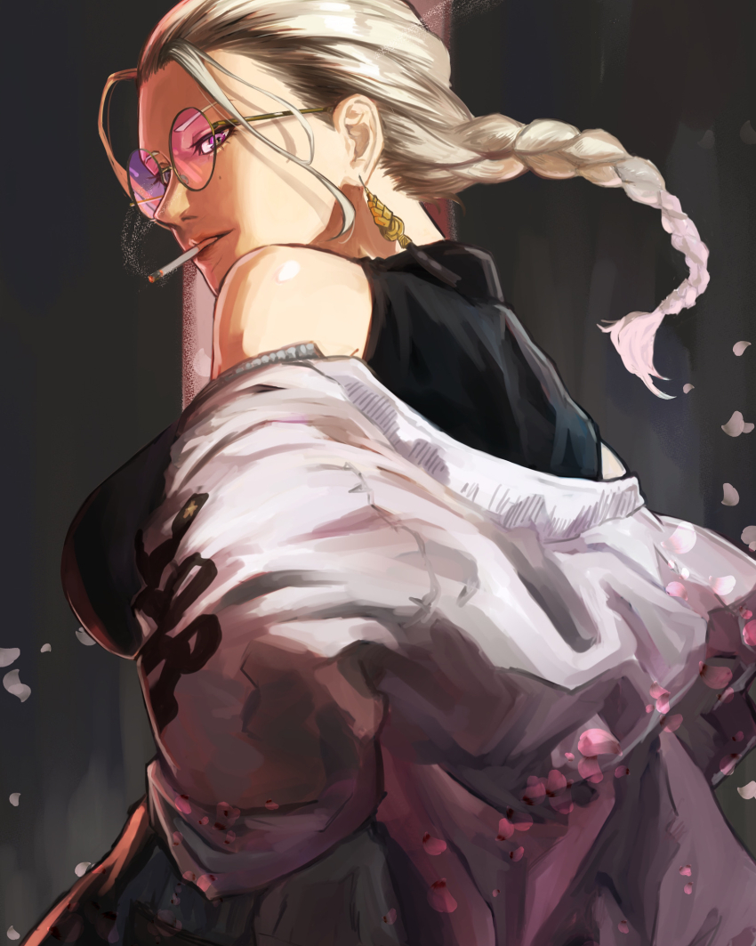 1girl, braid, breasts, chinese_clothes, cigarette, glasses, gokurakugai, highres