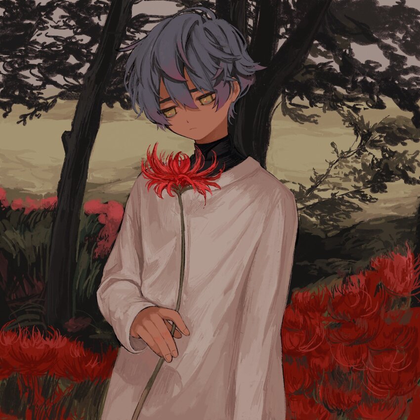 1boy, blue_hair, brown_eyes, charisma_house, day, flower, griffon0416, highres