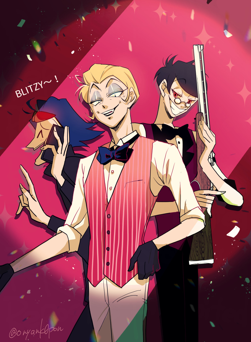 3boys, absurdres, alastor_(hazbin_hotel), alastor_(human)_(hazbin_hotel), black_gloves, blonde_hair, blue_hair, brown_hair