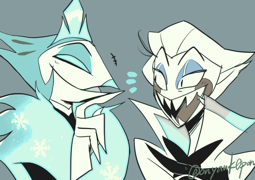 2boys, andrealphus_(helluva_boss), bird, blonde_hair, blush_stickers, formal_clothes, furry, furry_male